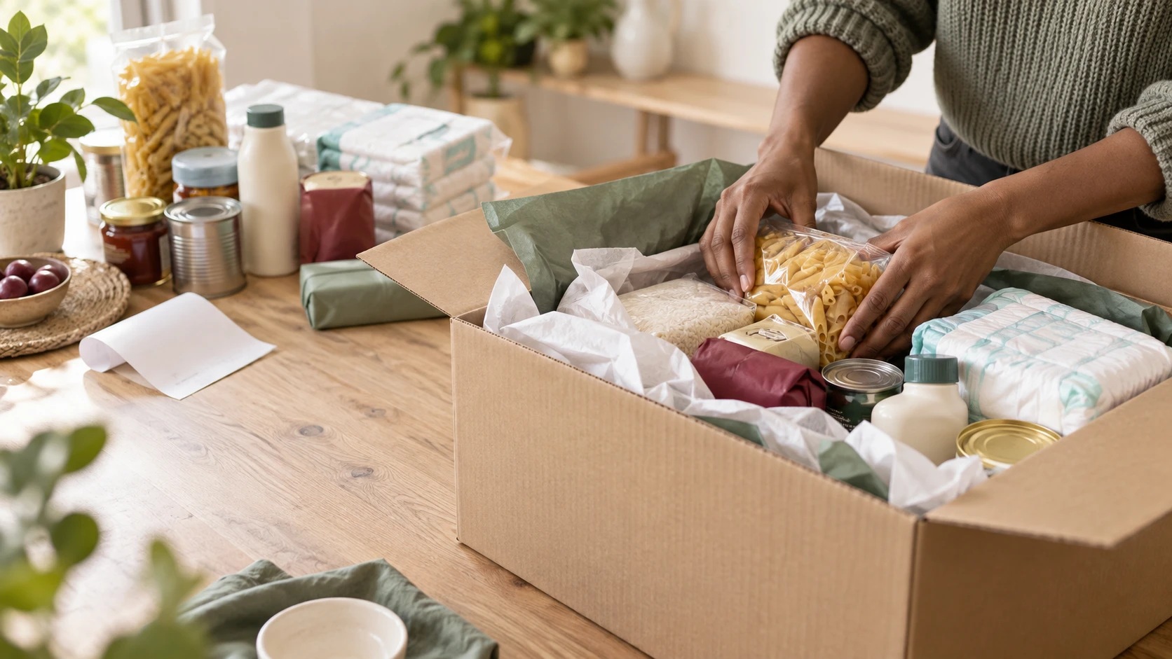 Groceries being packed into a shipping box